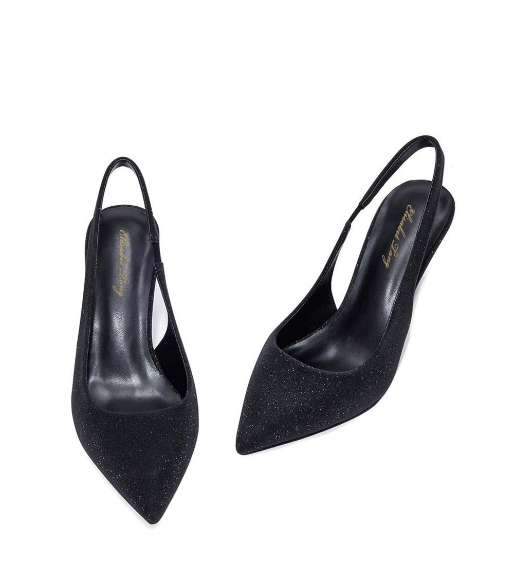 Elisabet Tang Women’s Glittery Black Sling Back Pumps Stilleto Heels Size 8 NWOT
